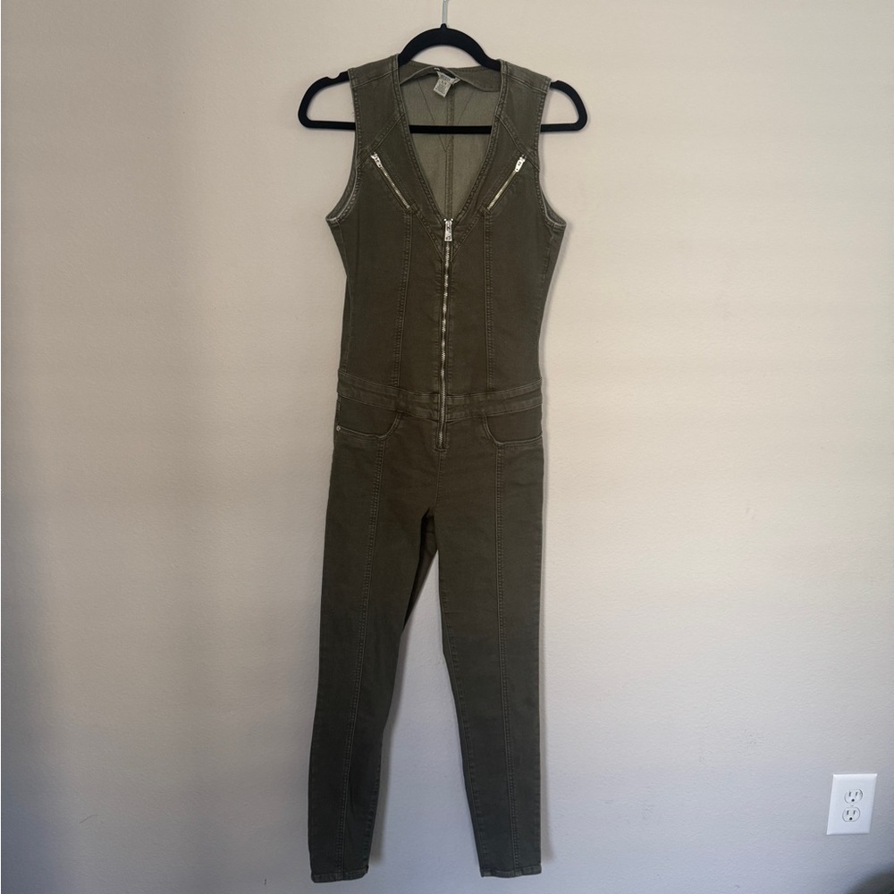 Guess Brand Olive Green Denim Distressed Look Sleeveless Jumpsuit with Silver